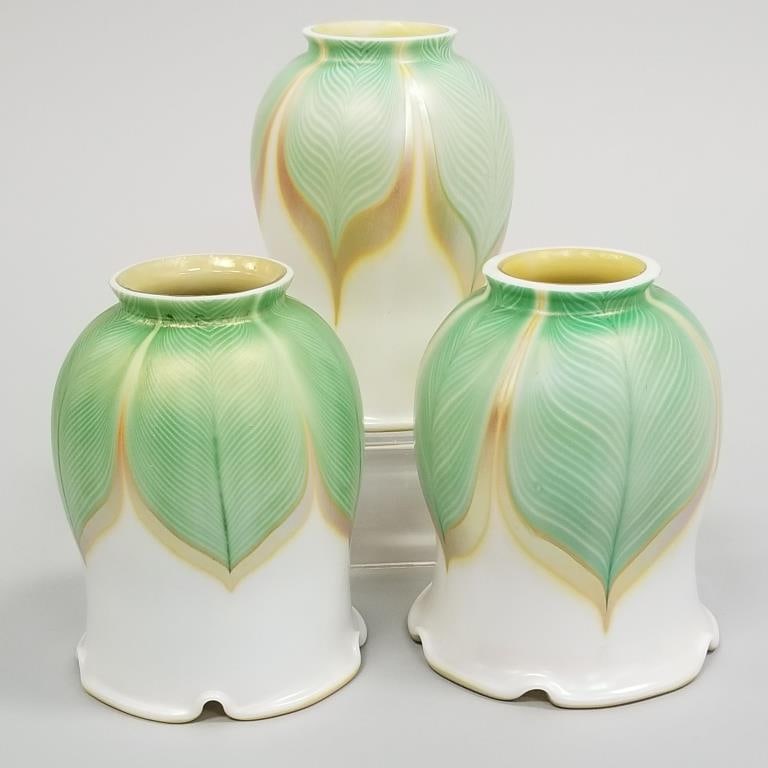 3 pulled feather art glass shades- 5 1/4"H tallest: 3 pulled feather art glass shades- 5 1/4"H tallest