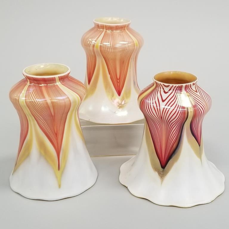 3 asst. red pulled feather art glass shades (1 as- cracked) 1 marked Zephyr- 5 3/4"H tallest: 3 asst. red pulled feather art glass shades (1 as- cracked) 1 marked Zephyr- 5 3/4"H tallest