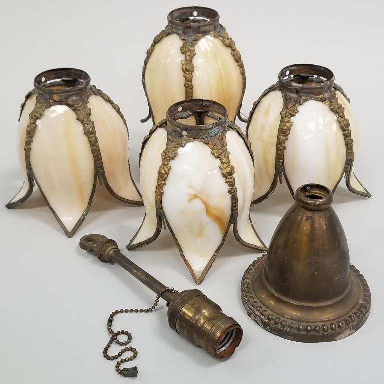 4 stained glass shades & lamp parts (some as is) 5 3/4"H: 4 stained glass shades & lamp parts (some as is) 5 3/4"H