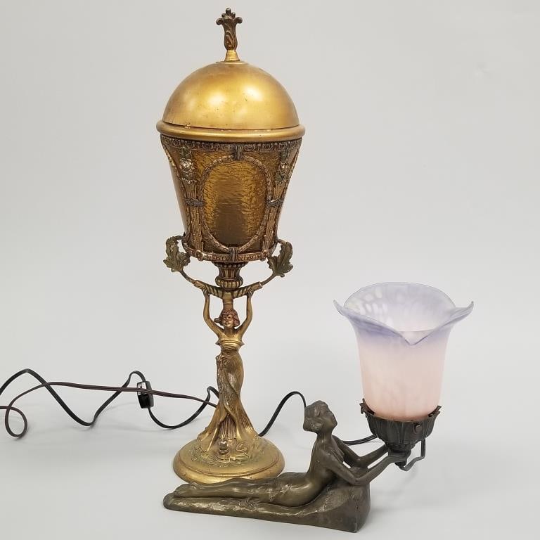 2 figural art glass lamps with shades (1 contemporary) 20 1/2"H tallest: 2 figural art glass lamps with shades (1 contemporary) 20 1/2"H tallest