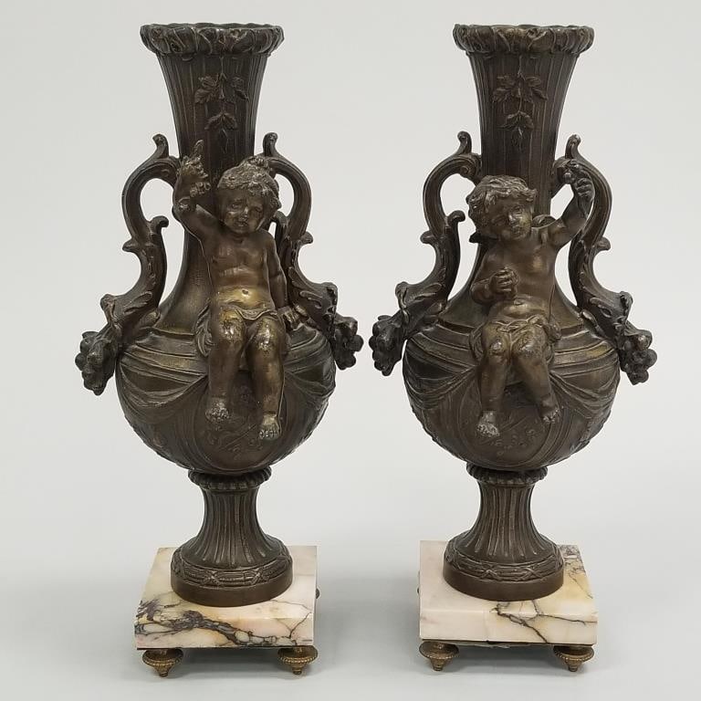 Pair bronze figural urns with marble bases- 12 1/2"H: Pair bronze figural urns with marble bases- 12 1/2"H