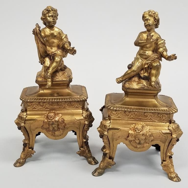 Pair of figural fireplace ornaments (as seen) 12 1/4"H: Pair of figural fireplace ornaments (as seen) 12 1/4"H