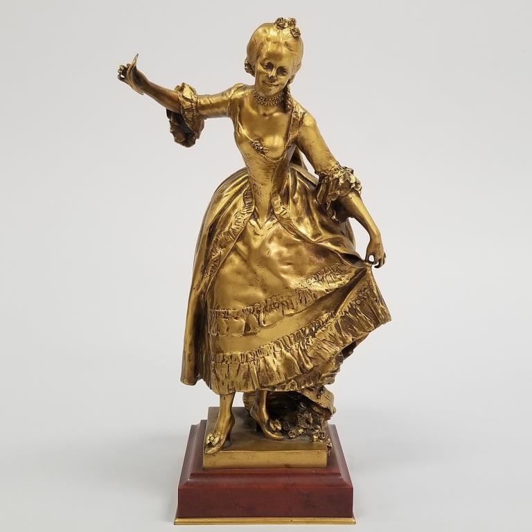 Antonin Mercie signed figural bronze "The Masked Ball" on marble base (chip) 11 1/4"H: Antonin Mercie signed figural bronze "The Masked Ball" on marble base (chip) 11 1/4"H