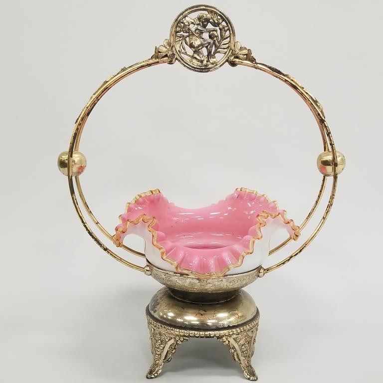 Victorian art glass brides basket in ornate frame (shows wear) 16"H 12 3/4"W 8 1/2"D: Victorian art glass brides basket in ornate frame (shows wear) 16"H 12 3/4"W 8 1/2"D