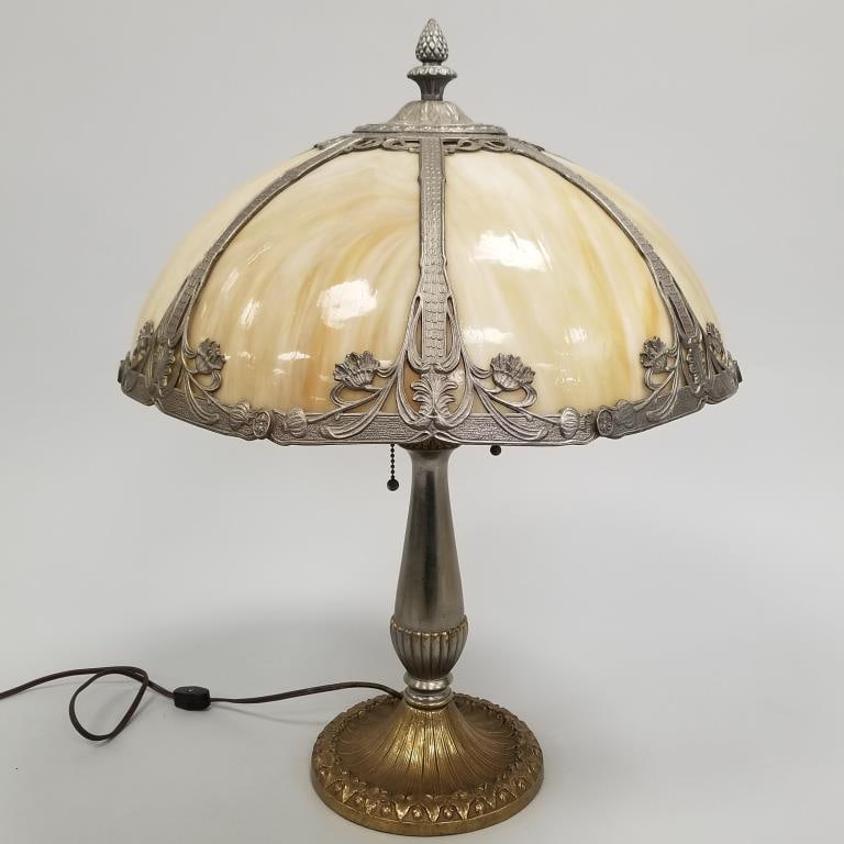 Antique lamp with bent panel shade (as seen- rust, etc.) 23"H 17 1/2"D (1 of 15)