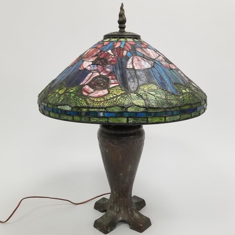 Handel lamp base- unmarked (as seen- altered, etc.) with contemporary stained & leaded glass shade-: Handel lamp base- unmarked (as seen- altered, etc.) with contemporary stained & leaded glass shade- approx. 28"H 20 1/2"D