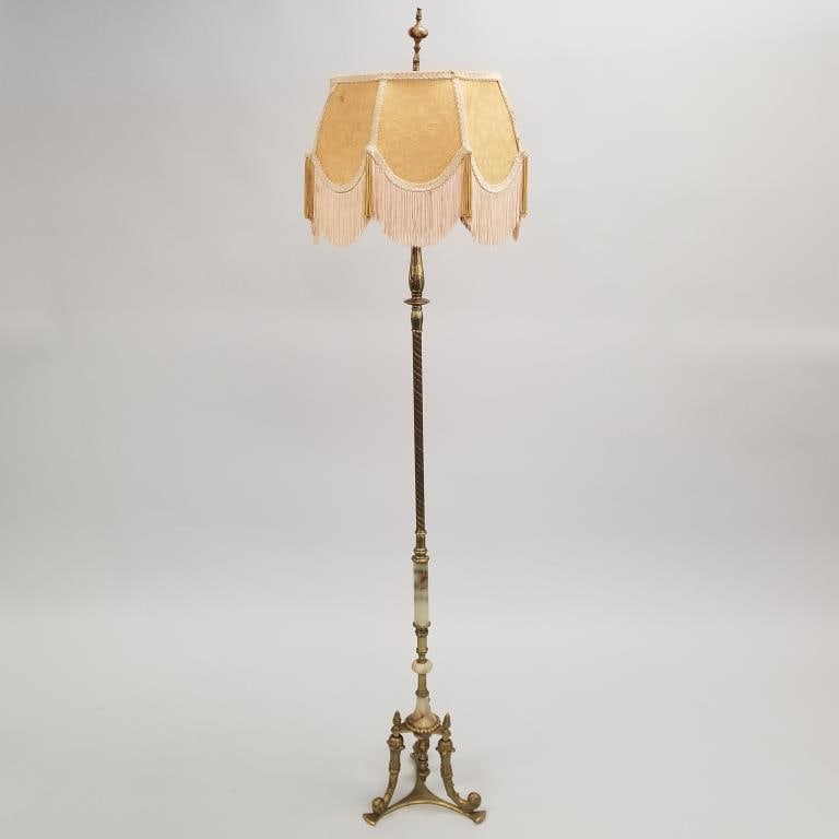 Antique brass and onyx floor lamp with fabric shade (as seen- needs wired- no cord) 66"H 17"D (1 of 15)