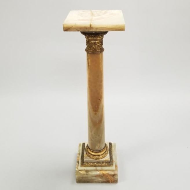 Antique green onyx & bronze pedestal (as seen- broken upper spacer) 42 1/4"H 11"W 11"D: Antique green onyx & bronze pedestal (as seen- broken upper spacer) 42 1/4"H 11"W 11"D