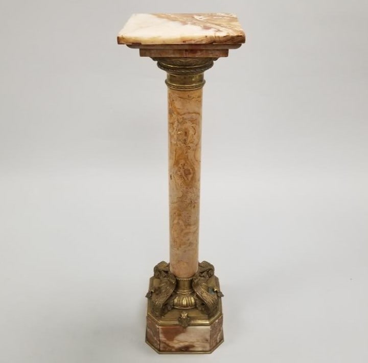 Antique marble & bronze pedestal (as seen- top cracked & repaired) 41 1/2"H 10 7/8"W 10 3/4"D: Antique marble & bronze pedestal (as seen- top cracked & repaired) 41 1/2"H 10 7/8"W 10 3/4"D