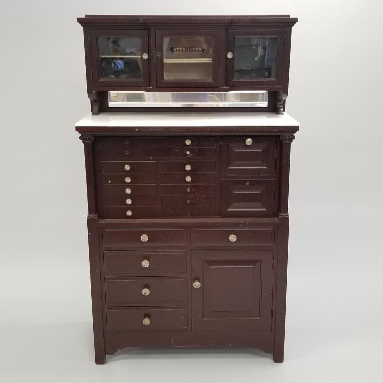 Antique painted oak dental cabinet with porcelain top- some tools in drawer (missing some knobs) 61: Antique painted oak dental cabinet with porcelain top- some tools in drawer (missing some knobs) 61 1/4"H 36"W 16"D