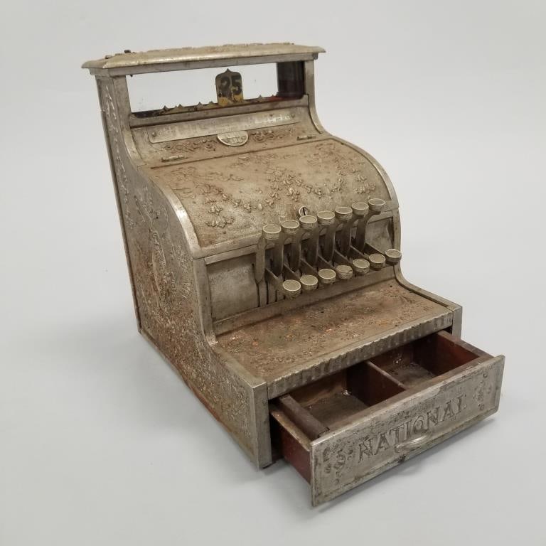 Antique National table top cash register #128 (as seen- finish wear, lacking bottom) 14 1/2"H 10 (1 of 12)