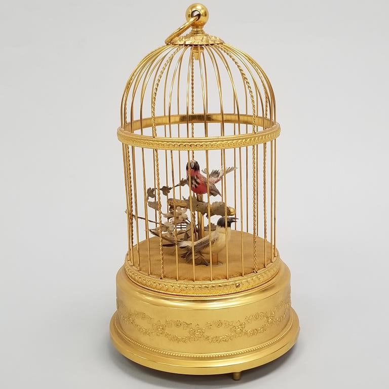 Reuge 2 bird music box in gilt cage- 11 1/2"H: Reuge 2 bird music box in gilt cage- 11 1/2"H