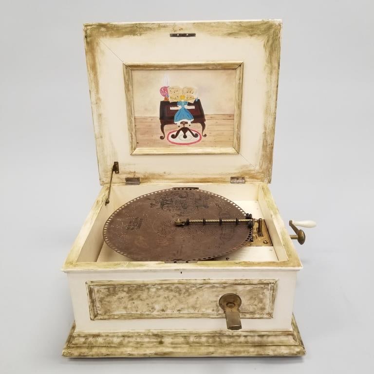 Regina coin operated music box with 4- 15 1/2" discs- working (as seen- painted) 12"H 21 1/2"W 18 (1 of 8)