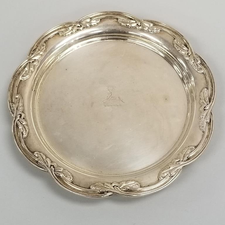 Tiffany & Co sterling silver footed salver with crest- 9 toz- 1"H 6 7/8"D: Tiffany & Co sterling silver footed salver with crest- 9 toz- 1"H 6 7/8"D