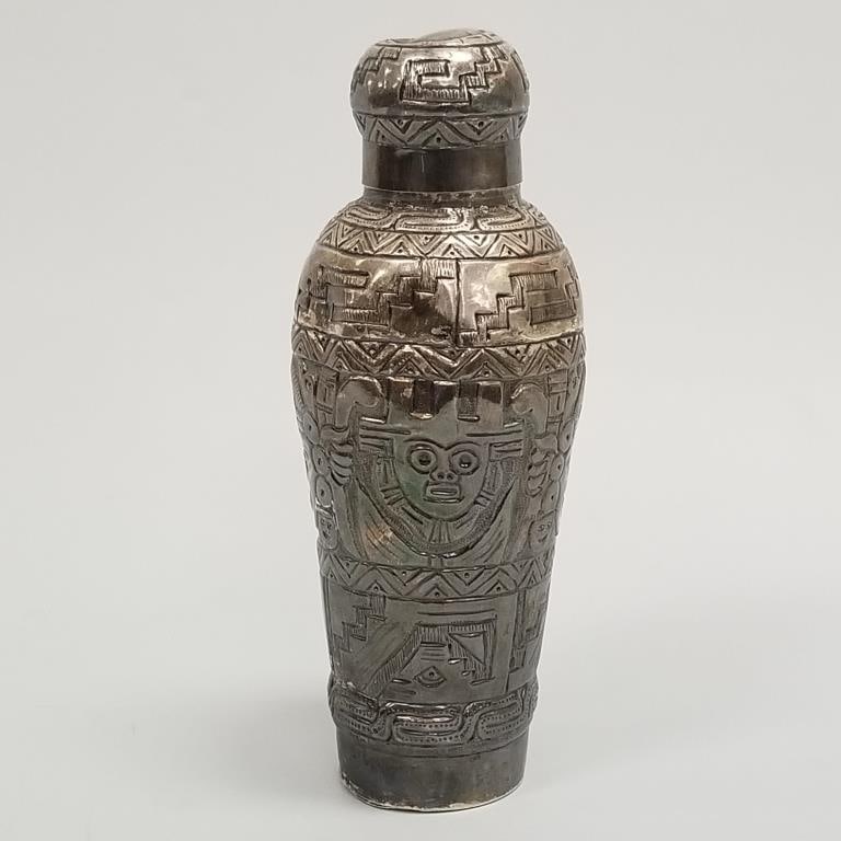 Sterling silver martini shaker marked IJC MANO w/ Inca motif- 14 toz (as seen- base separation, (1 of 18)