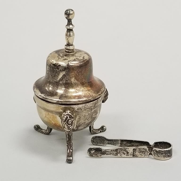 Joyeria Cabala- Chile 900 silver saccharin covered serving container with tongs & bell in fitted (1 of 18)