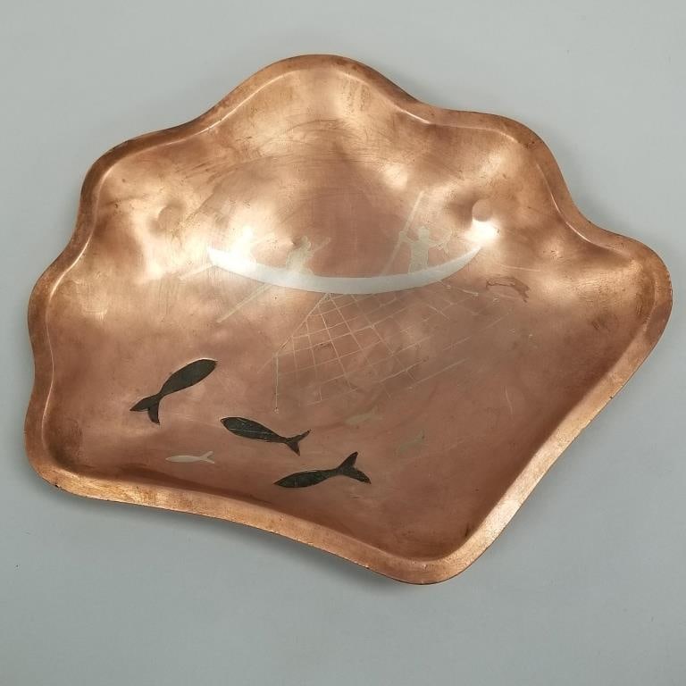 Los Castillo signed Taxco hand wrought footed copper tray with stone & silver inlay- 1 1/4"H 11: Los Castillo signed Taxco hand wrought footed copper tray with stone & silver inlay- 1 1/4"H 11 3/8"W 9 7/8"D