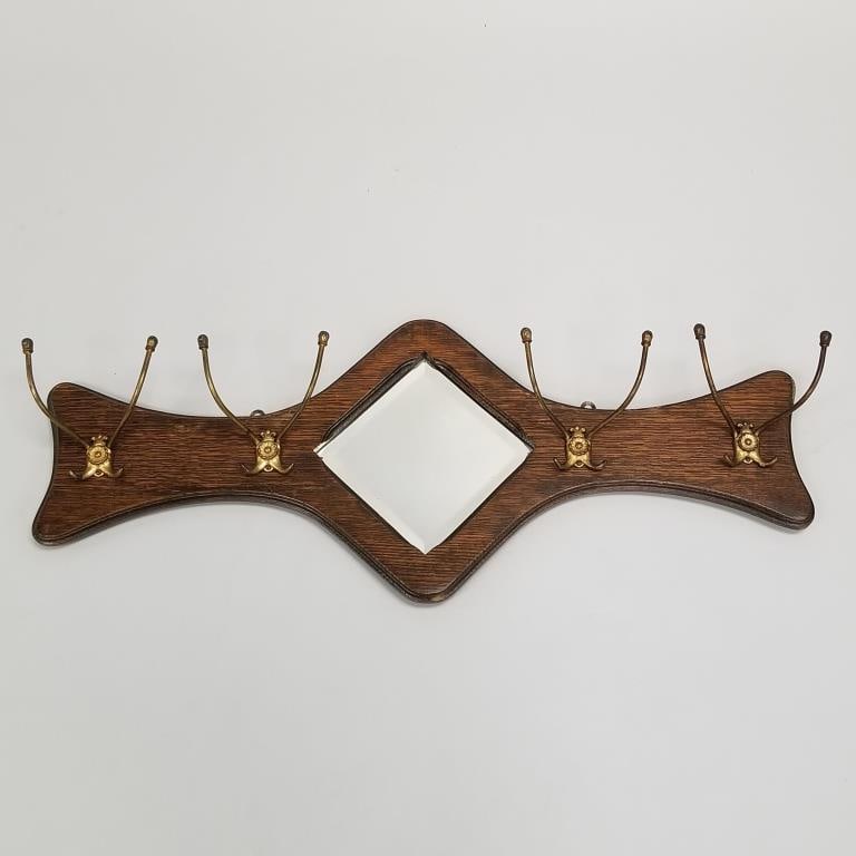 Oak Arts & Crafts coat hanger with mirror- 14 1/2" 35 3/4"W 5"D: Oak Arts & Crafts coat hanger with mirror- 14 1/2" 35 3/4"W 5"D