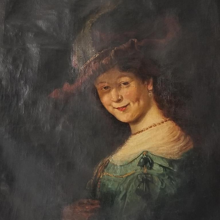 Antique portrait oil painting on canvas- woman with hat (minor tear, older restoration) framed 37"H: Antique portrait oil painting on canvas- woman with hat (minor tear, older restoration) framed 37"H 30"W
