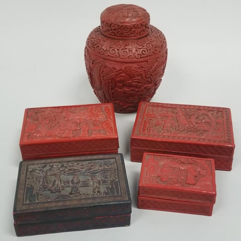 5 pcs. vintage cinnabar including 7" ginger jar & 4 covered boxes (1 of 20)