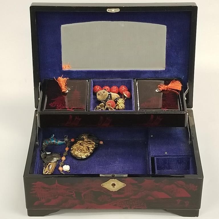 Lacquerware jewelry box with assorted enameled silver, etc. jewelry (some as seen) 4 1/2"H 10 3/4"W (1 of 18)