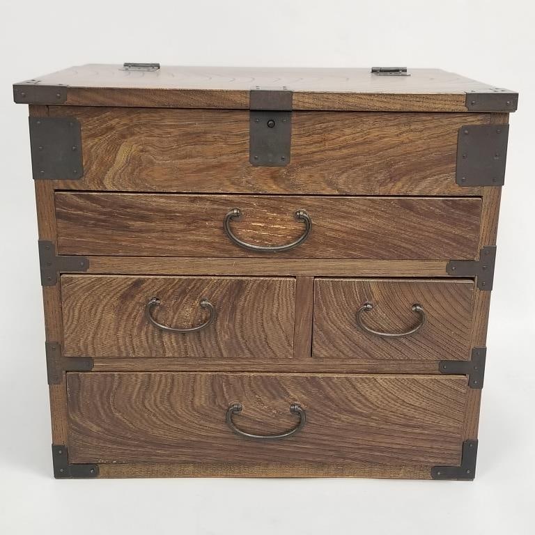 Vintage Asian Tansu 4-drawer wood chest with metal hardware- 12 1/4"H 14"W 10 1/2"D (1 of 14)