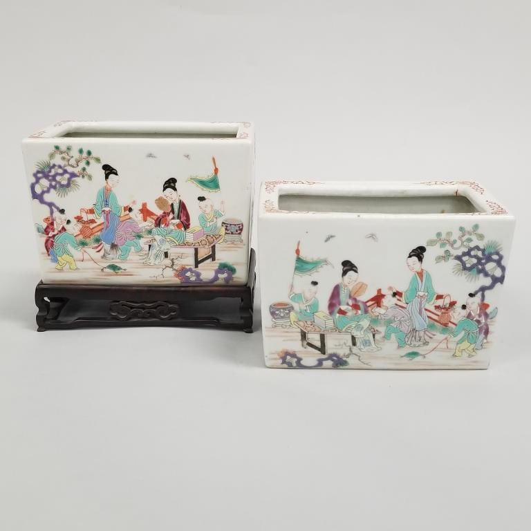 Pair antique Chinese Famille Rose porcelain jardinieres with children in dragon costume & one wood: Pair antique Chinese Famille Rose porcelain jardinieres with children in dragon costume & one wood stand- 4 3/4"H 7"W 4 1/2"D