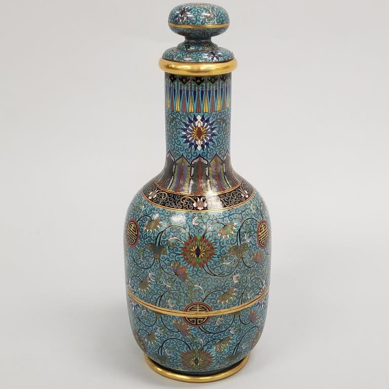 Antique cloisonne enameled bottle with stopper (stopper loose & minor dents) 13"H 5"D (1 of 13)