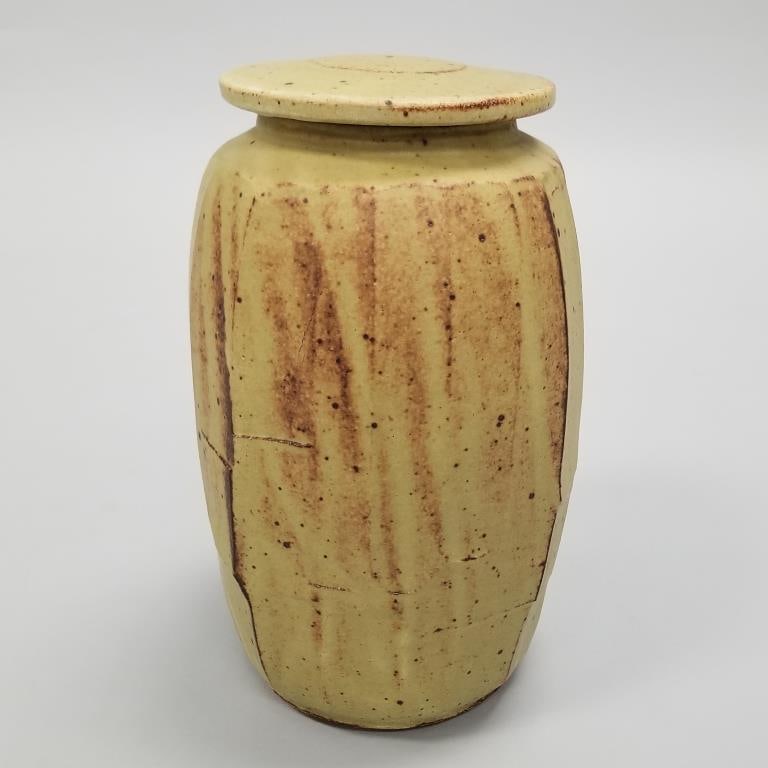 Guillermo Cuellar, Warren MacKenzie apprentice, signed faceted lidded jar- 12 1/2"H: Guillermo Cuellar, Warren MacKenzie apprentice, signed faceted lidded jar- 12 1/2"H