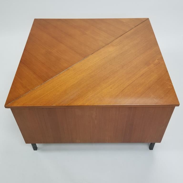 Unique teak lift top square table (some minor veneer chips) 23 5/8"H 40 1/2"W 40 1/2"D: Unique teak lift top square table (some minor veneer chips) 23 5/8"H 40 1/2"W 40 1/2"D