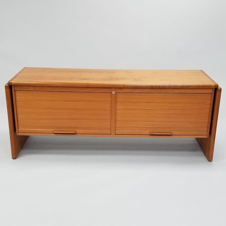 Unique teak cabinet/ credenza with tambour doors- file cabinet on one side- 29"H 72"W 22"D (no key) (1 of 12)