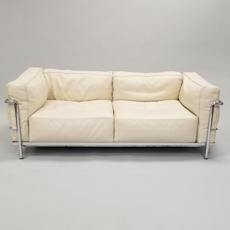 Le Corbusier for Cassina, Italy, LC2 white leather sofa- stamped signature in metal- 24"H 66"W 28 (1 of 14)