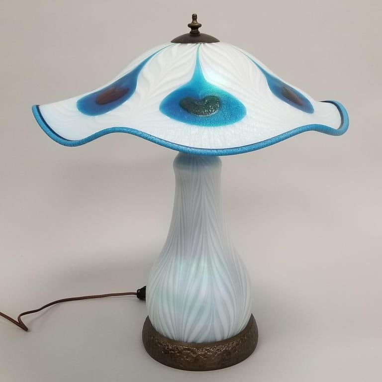 Charles Lotton signed & dated 2007 art glass peacock table lamp- 22"H 19 3/4"D: Charles Lotton signed & dated 2007 art glass peacock table lamp- 22"H 19 3/4"D
