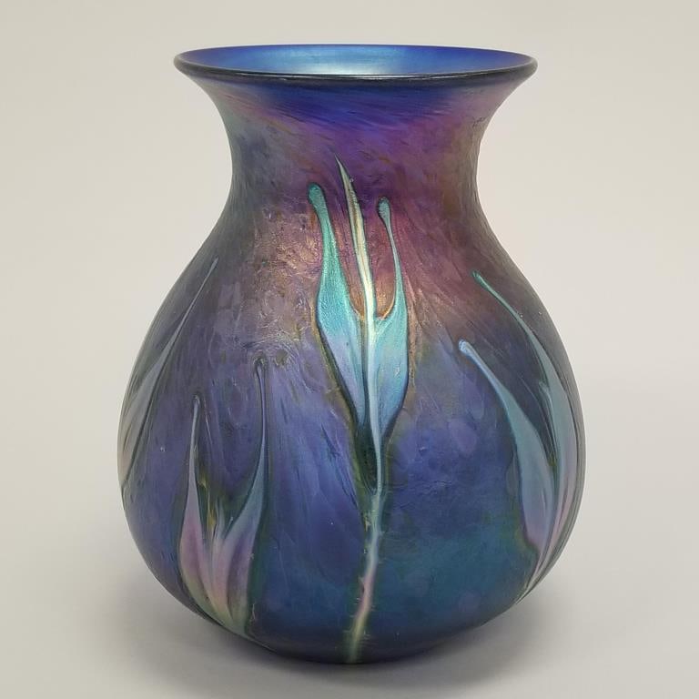 Charles Lotton signed & dated 2009 blue art glass vase- 8 1/2"H 7"D (1 of 10)