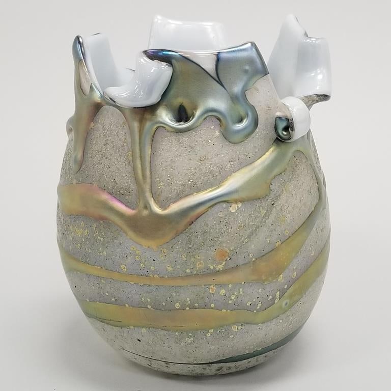 Charles Lotton signed & dated 2006 art glass vase with ruffled rim- 8 1/4"H 6 3/4"D: Charles Lotton signed & dated 2006 art glass vase with ruffled rim- 8 1/4"H 6 3/4"D