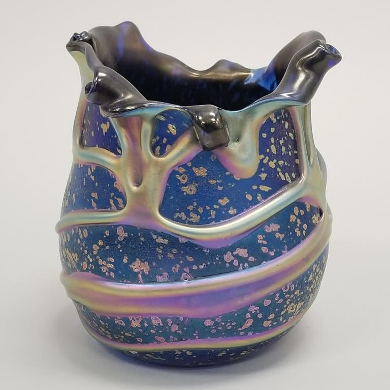 Charles Lotton signed & dated 2007 art glass vase with ruffled rim- 6 3/8"H 5 7/8"D: Charles Lotton signed & dated 2007 art glass vase with ruffled rim- 6 3/8"H 5 7/8"D