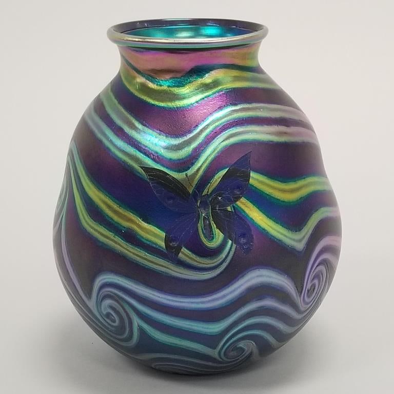 Charles Lotton signed & dated 1992 iridescent art glass vase with butterfly- 6 1/2"H 5 1/2"D: Charles Lotton signed & dated 1992 iridescent art glass vase with butterfly- 6 1/2"H 5 1/2"D