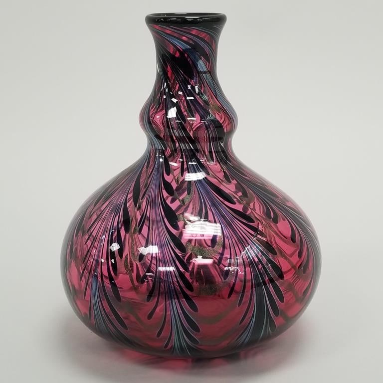 Charles Lotton signed & dated 2005 pulled feather art glass bottle vase- 9 1/2"H 8"D (1 of 10)