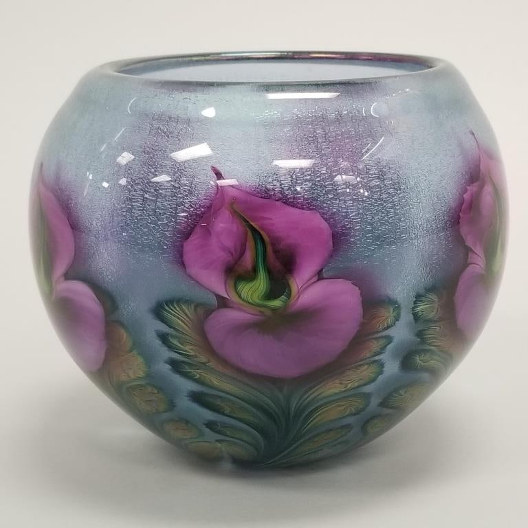 Daniel Lotton signed & dated 2012 floral art glass ball vase- 5 3/4"H 7"D (1 of 10)