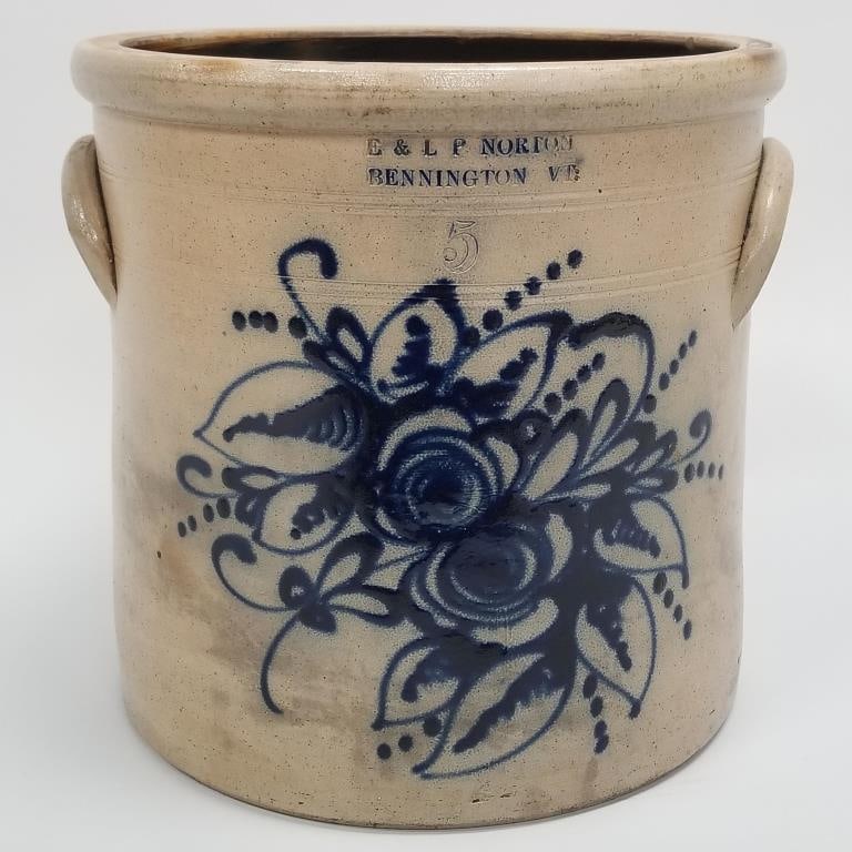 Antique 5 gal Bennington VT crock stamped E & LP Norton with blue decoration & handles (minor (1 of 15)