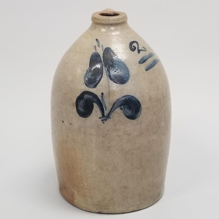 Antique 2 gal crock jug with floral decoration- S.E. Wisconsin- 12 1/2"H 8"W: Antique 2 gal crock jug with floral decoration- S.E. Wisconsin- 12 1/2"H 8"W