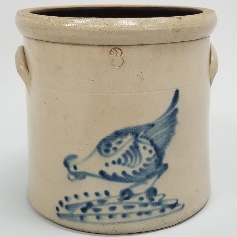 Antique 3 gal crock with handles & blue pecking hen decoration- New York or New England- 10 1/4"H 12 (1 of 9)