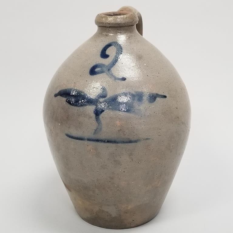 Early 2 gal ovoid stoneware jug with blue decoration- possibly New York- 13"H 9 1/2"W (1 of 12)