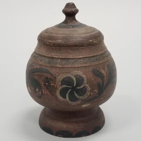 Antique Norwegian paint decorated wood jar with lid (some minor paint loss) 7 3/4"H 5 1/4"D
