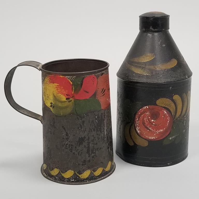2 pieces antique Pennsylvania tin toleware: tea caddy 8 1/4"H 4 1/4"D & mug 5 3/4"H 5 1/2"W (some: 2 pieces antique Pennsylvania tin toleware: tea caddy 8 1/4"H 4 1/4"D & mug 5 3/4"H 5 1/2"W (some wear)