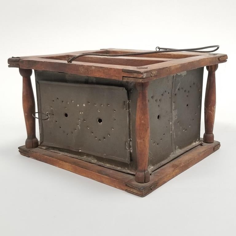 Antique pierced tin & wood foot warmer w/ heart motif- 5 3/4"H 9"W 8"D (1 of 10)