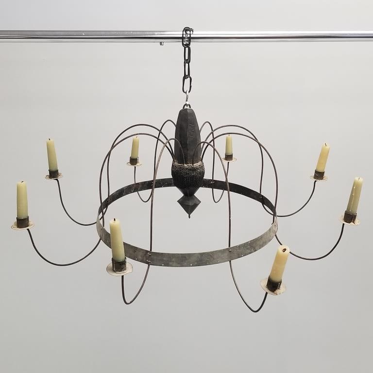 Primitive tin & wood chandelier dated 1887 (salvaged from old church in NW Minn) approx. 12"H 30"D: Primitive tin & wood chandelier dated 1887 (salvaged from old church in NW Minn) approx. 12"H 30"D