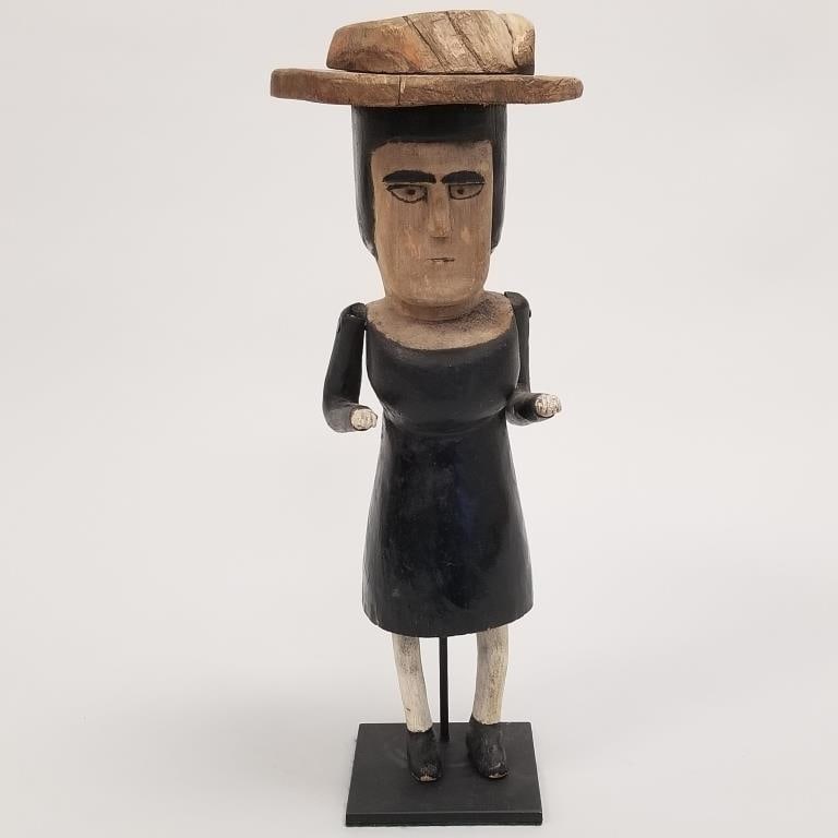 Antique folk art painted carving of a woman with large hat & movable arms on stand- 15 3/4"H overall (1 of 13)