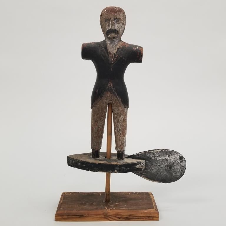 Antique folk art carved figural whirly gig (as seen- missing arms) on newer stand- 14 1/2"H 9 1/4"W (1 of 12)