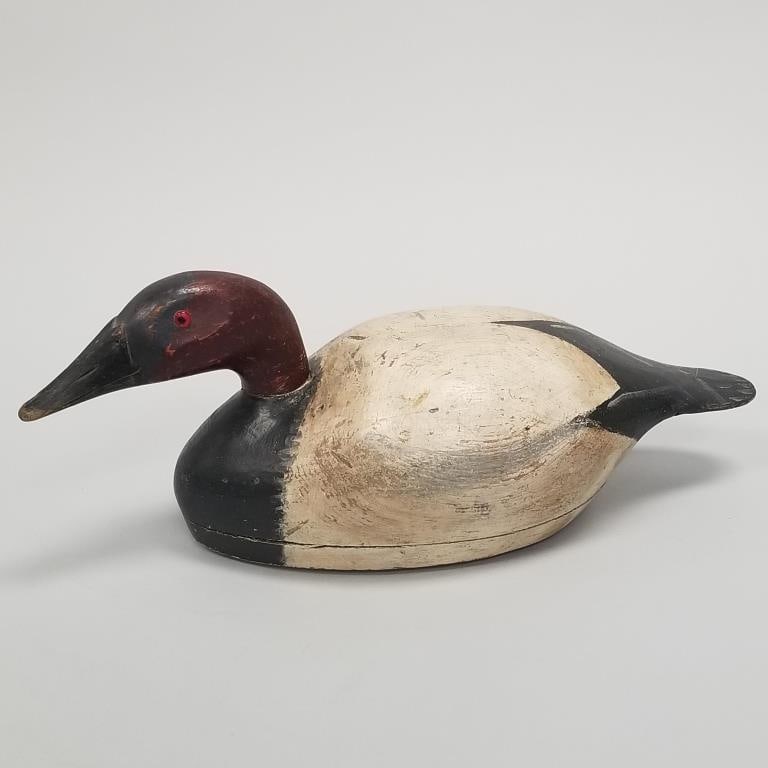 Wisconsin duck decoy by Gus Moak, Tustin, WI with original paint (unsigned) 6 3/4"H 17"L 6 1/2"D (1 of 14)